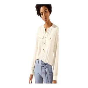 LOFT Small Off-White Henley Utility  Semi Sheer Blouse Button Front Long Sleeves